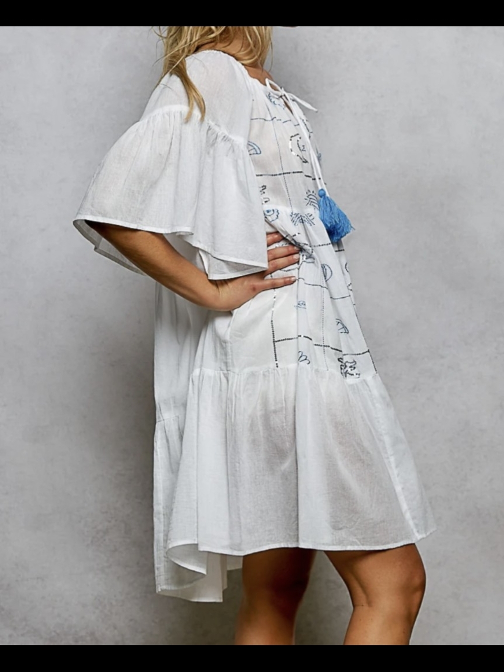 POL White Boho Embroidered Dress with Blue Tassels - Picture 3 of 3